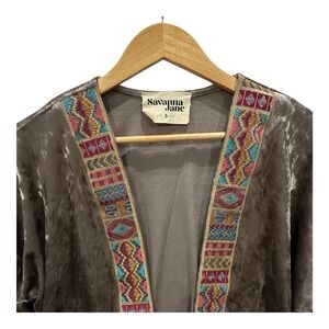 Savanna Jane Gray‎ Crushed Velvet Embroidered Kimono Open Cardigan Sz S Boho